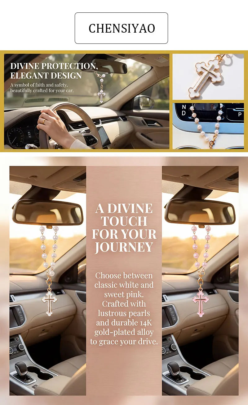 Pearl Cross Car Charm Pendant – Rearview Mirror & Steering Wheel Hanging Decoration for Women