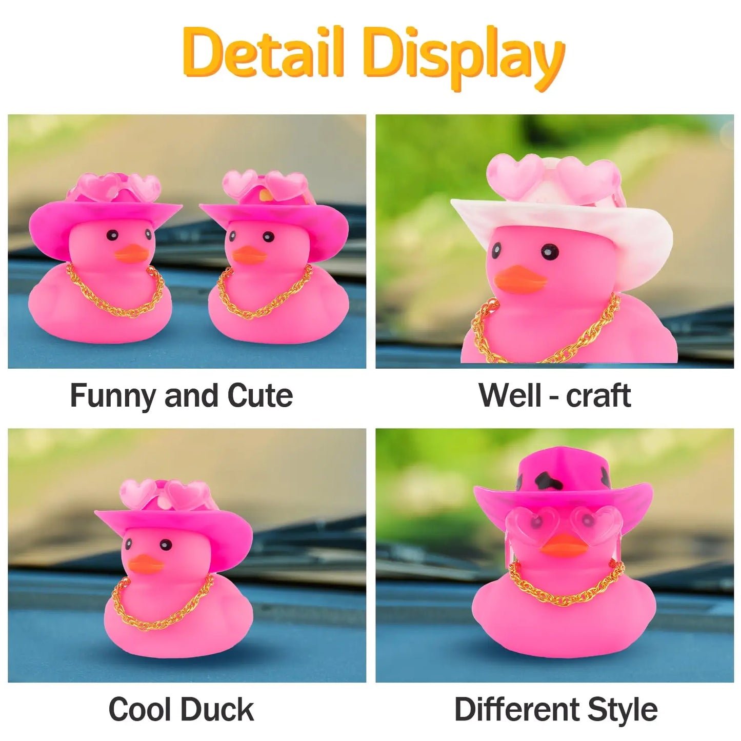 Pink Cowboy Rubber Duck Car Ornament – Cute Dashboard Decoration with Hat, Glasses & Chain
