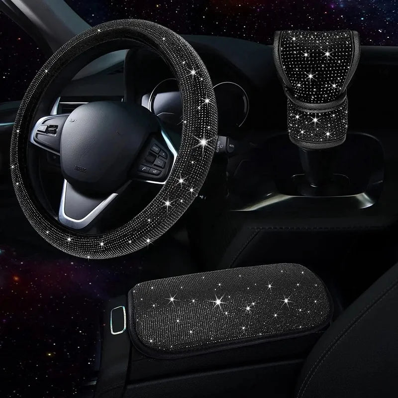 3Pcs Car Accessories Set for Women Steering Wheel Cover Gear Shift Cover Armrest Pad Mat Bling Auto Diamond Decortion Styling
