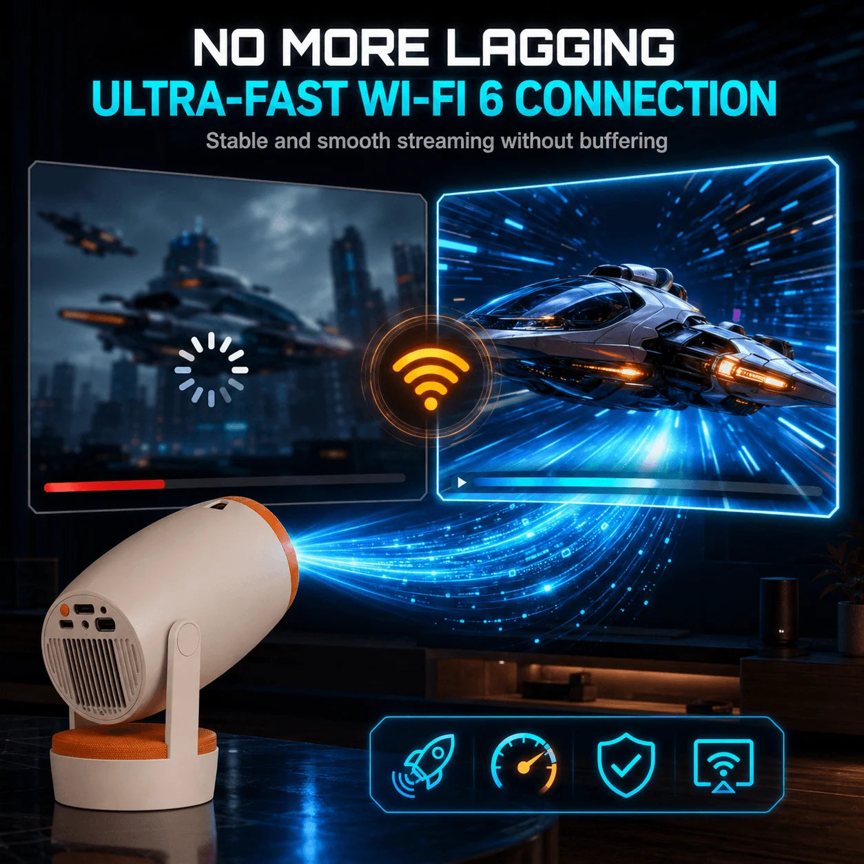 Smart Android 14 Portable Projector | WiFi 6, 8K Support, 200 ANSI Lumens, Bluetooth 5.4