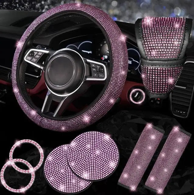 8 Pcs Bling Rhinestone Car Accessories Set for Women – Diamond Steering Wheel Cover & Sparkly Seat Belt Covers
