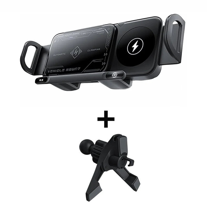 2-in-1 Auto-Grip Wireless Car Charger Mount | 15W Dual Coil, 360° Swivel
