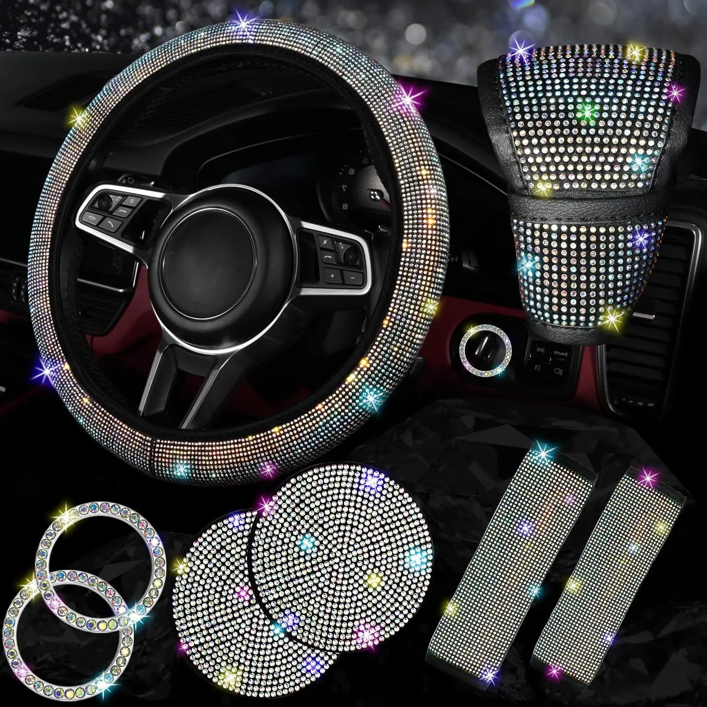 8 Pcs Bling Rhinestone Car Accessories Set for Women – Diamond Steering Wheel Cover & Sparkly Seat Belt Covers