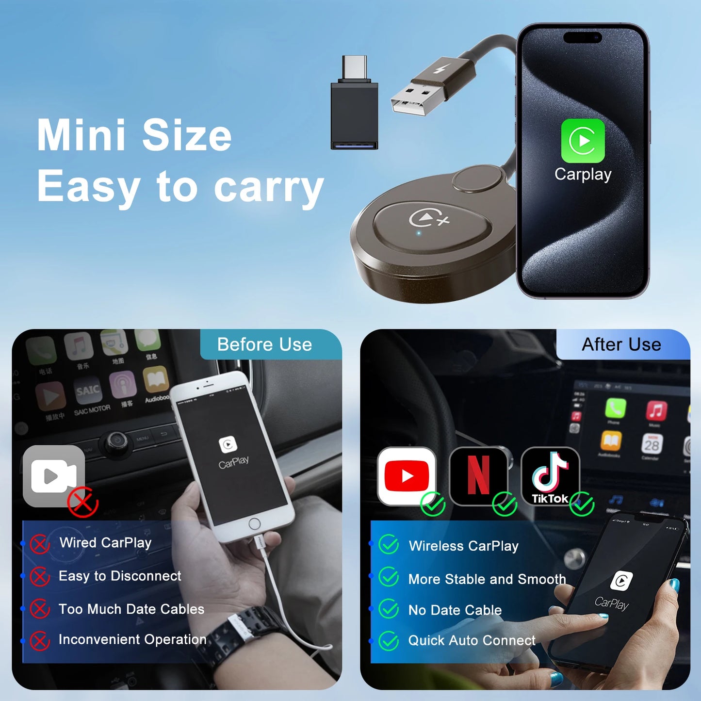 Wireless CarPlay Adapter | Netflix YouTube TikTok Streaming for Car Screen