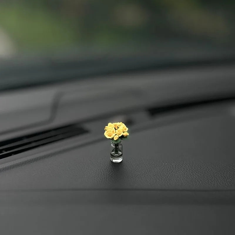 Mini Rose & Sunflower Car Vase Ornament – Cute Center Console Decoration & Car Gift Accessory