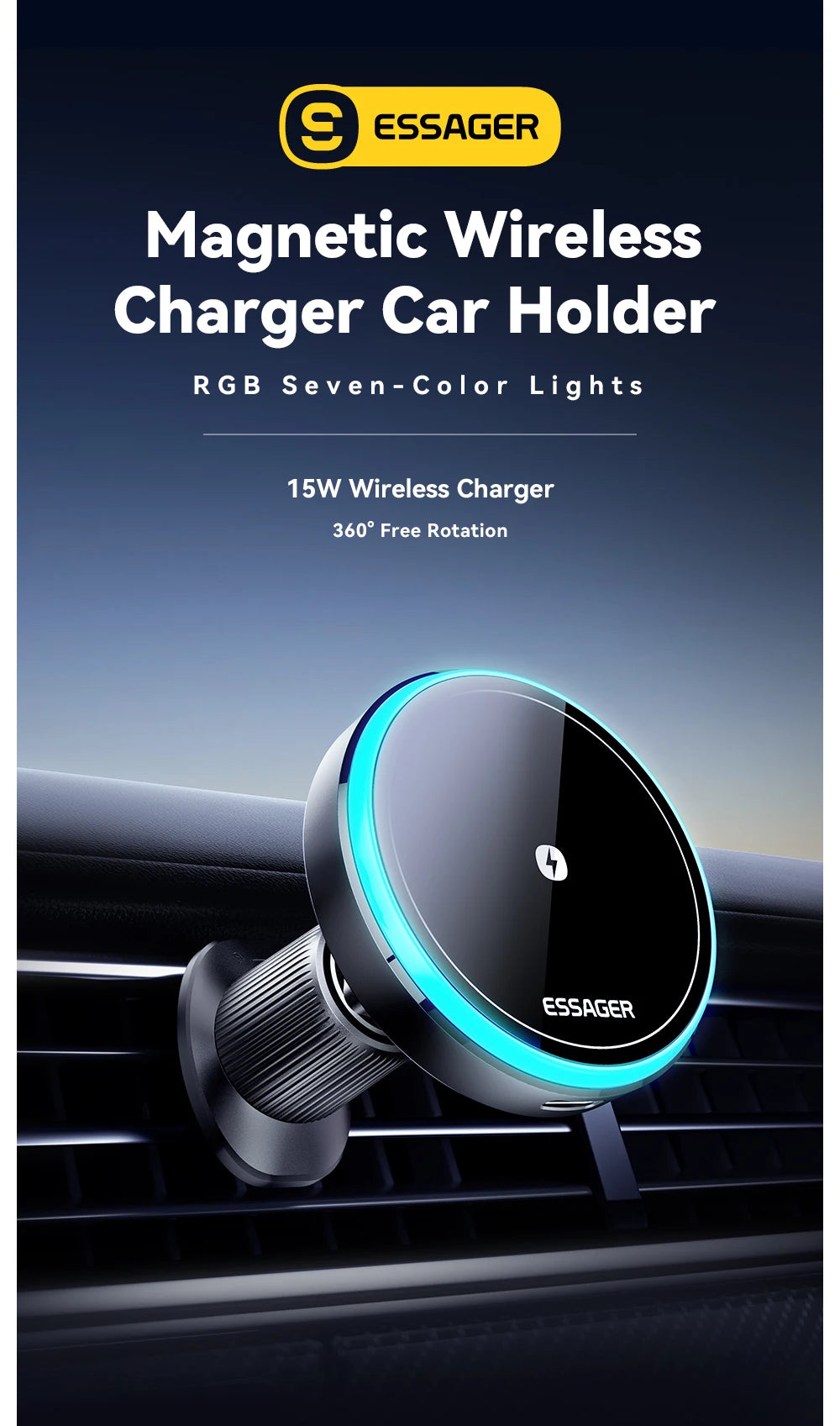 Magnetic Wireless Car Charger Mount | 15W Fast Charge, RGB Light, iPhone & Android