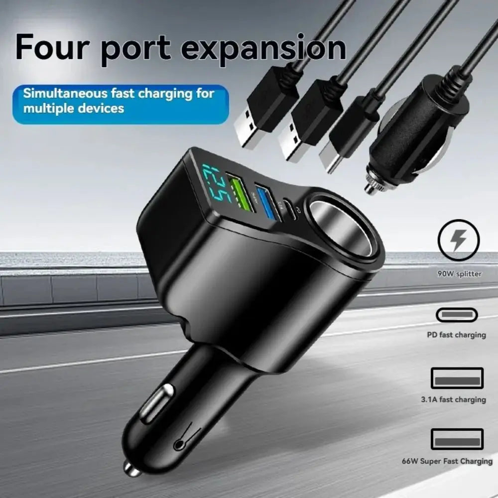 4-in-1 Dual USB & USB-C Multi-Device | 66W Fast Car Charger Inverter
