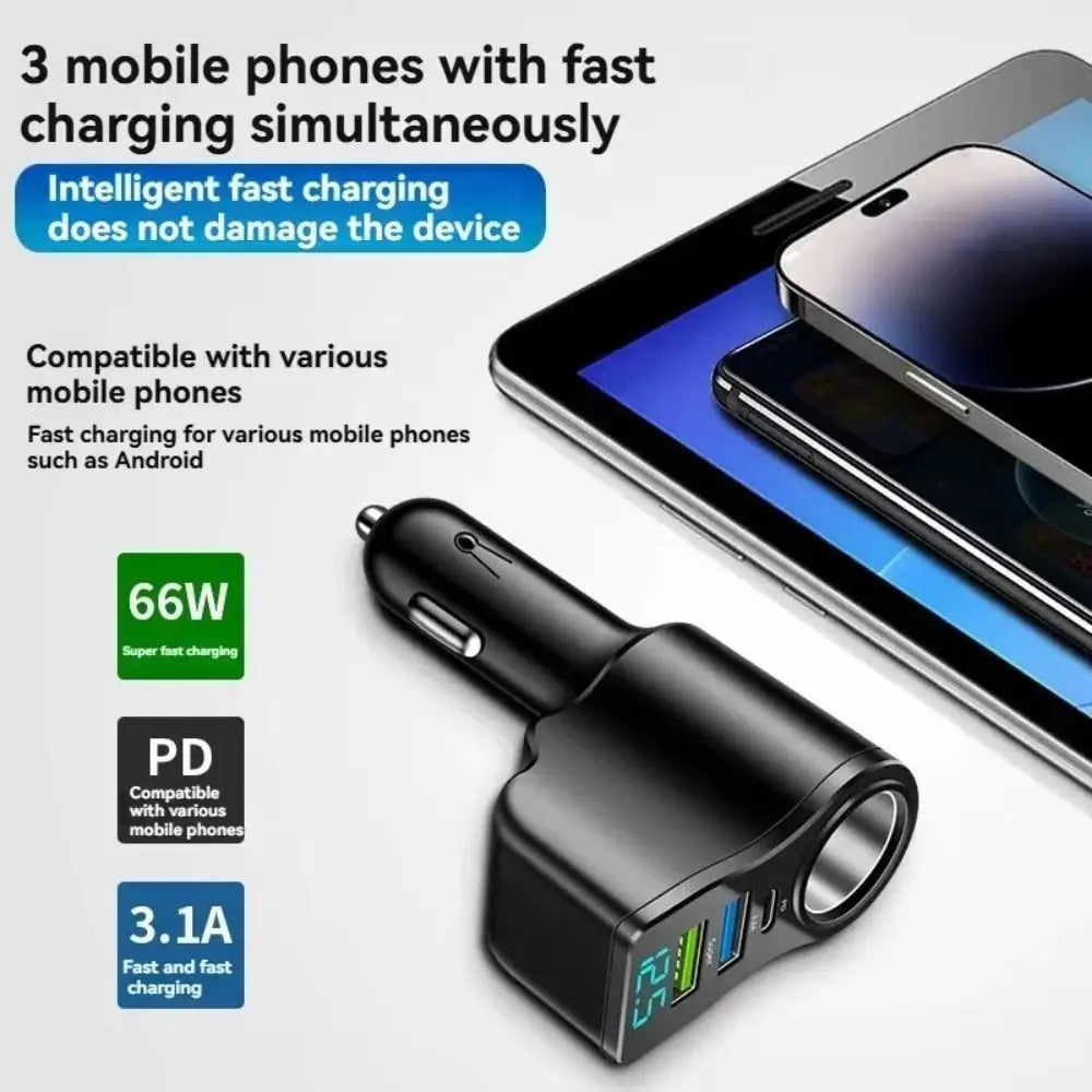 4-in-1 Dual USB & USB-C Compact Plug | 66W Fast Car Charger Adapter
