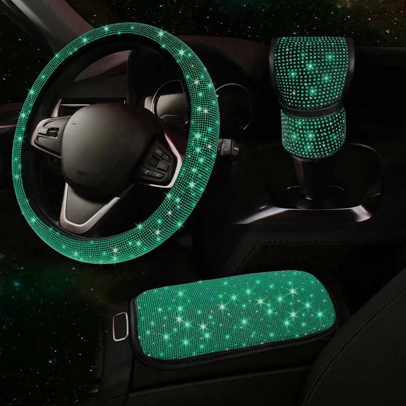 3Pcs Car Accessories Set for Women Steering Wheel Cover Gear Shift Cover Armrest Pad Mat Bling Auto Diamond Decortion Styling