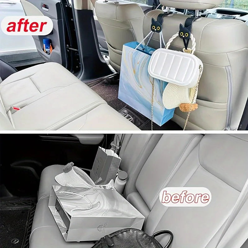 Cute 3D Cat Car Headrest Hooks – Seat Organizer Holder & Storage Clips for Car Interior (2 Pcs)