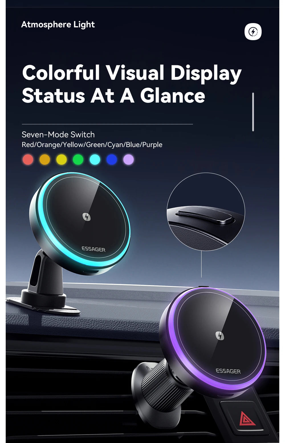 Magnetic Wireless Car Charger Mount | 15W Fast Charge, RGB Light, iPhone & Android