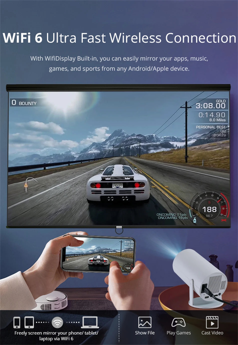Compact Bluetooth Mini Projector | 1080P, 4K Support, 180° Rotation