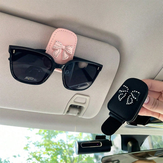 Pink Rhinestone Bow Sun Visor Glasses Clip – Cute Car Sunglasses Holder & Interior Accessory for Women