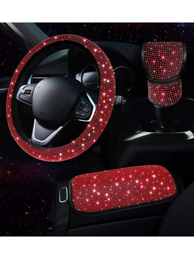 3Pcs Car Accessories Set for Women Steering Wheel Cover Gear Shift Cover Armrest Pad Mat Bling Auto Diamond Decortion Styling