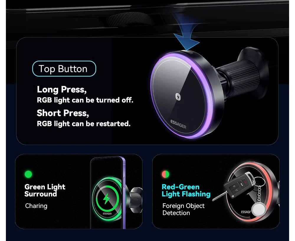 Magnetic Wireless Car Charger Mount | 15W Fast Charge, RGB Light, iPhone & Android