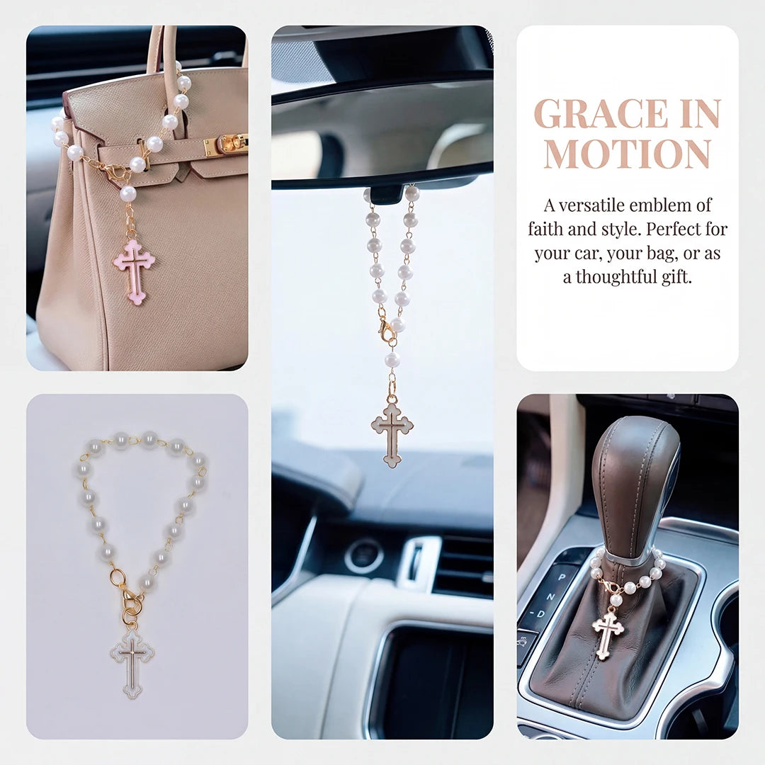 Pearl Cross Car Charm Pendant – Rearview Mirror & Steering Wheel Hanging Decoration for Women
