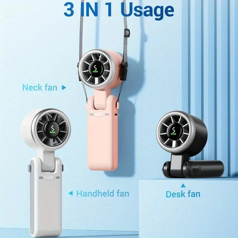 3-in-1 Mini Travel Fan | 5-Speed Rechargeable, 3600mAh Battery, USB Charging