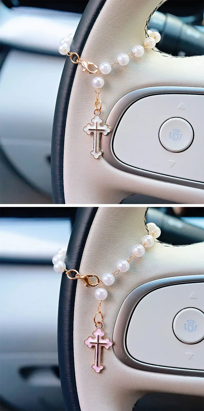 Pearl Cross Car Charm Pendant – Rearview Mirror & Steering Wheel Hanging Decoration for Women