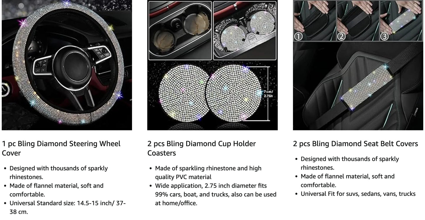 8 Pcs Bling Rhinestone Car Accessories Set for Women – Diamond Steering Wheel Cover & Sparkly Seat Belt Covers