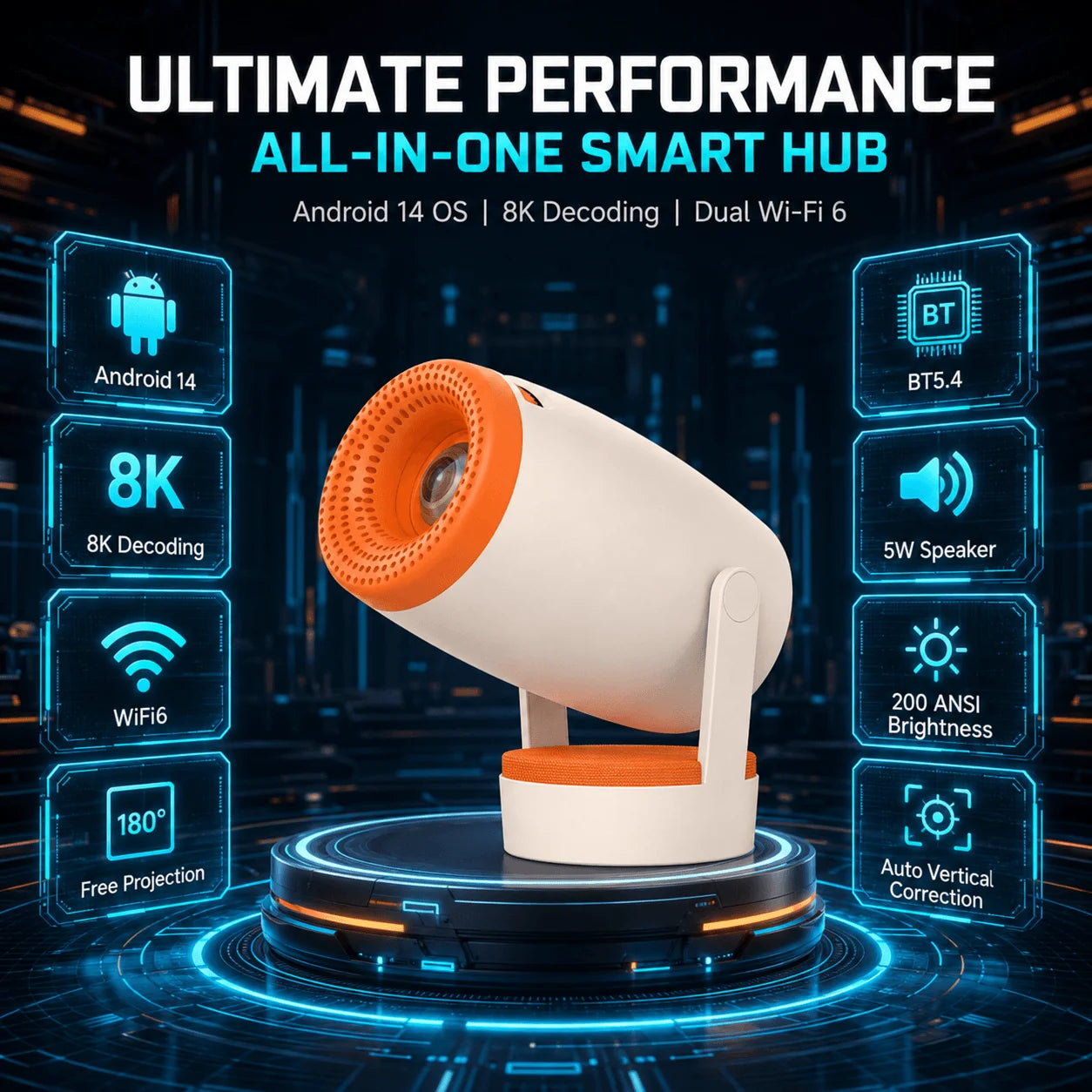 Smart Android 14 Portable Projector | WiFi 6, 8K Support, 200 ANSI Lumens, Bluetooth 5.4