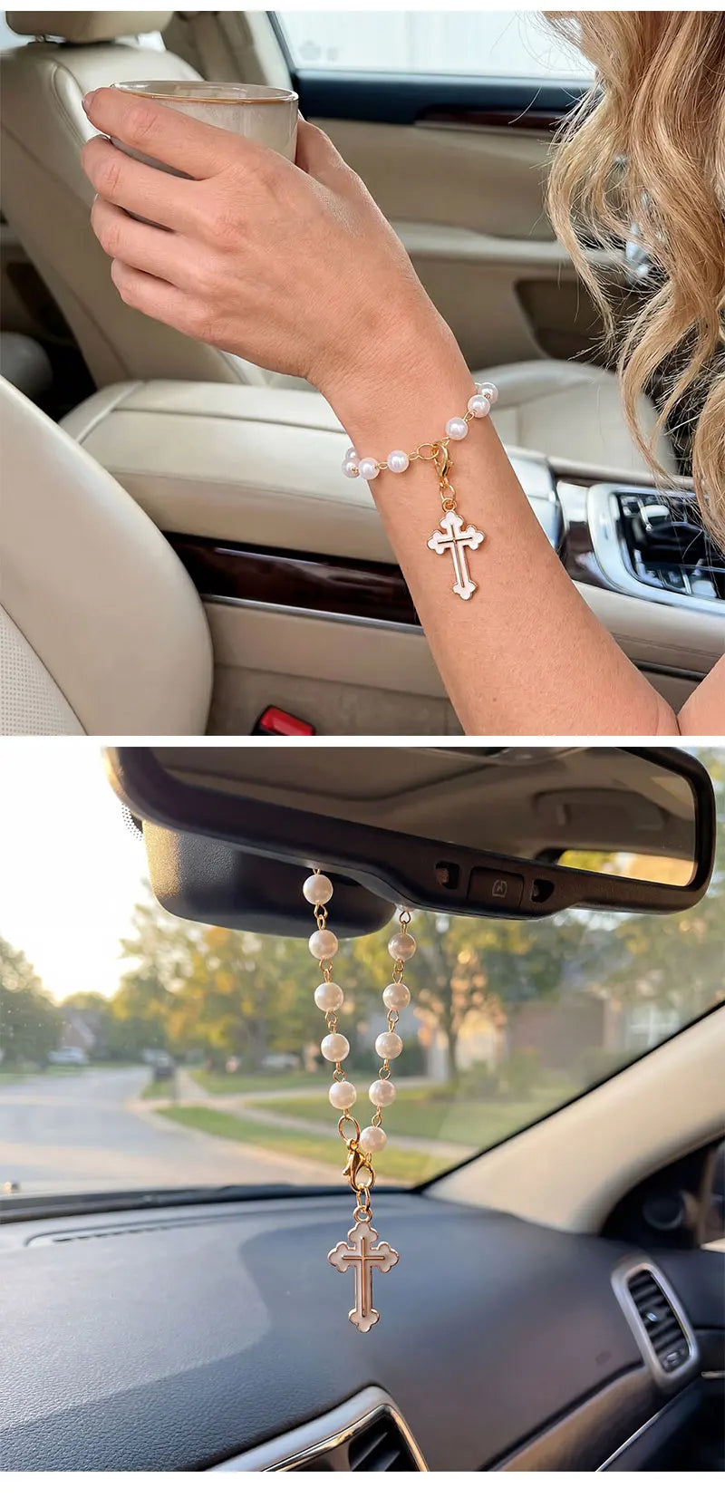 Pearl Cross Car Charm Pendant – Rearview Mirror & Steering Wheel Hanging Decoration for Women