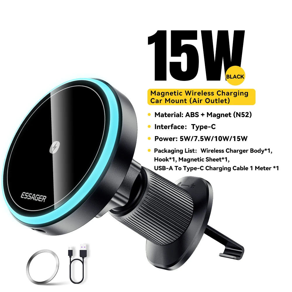 Magnetic Wireless Car Charger Mount | 15W Fast Charge, RGB Light, iPhone & Android