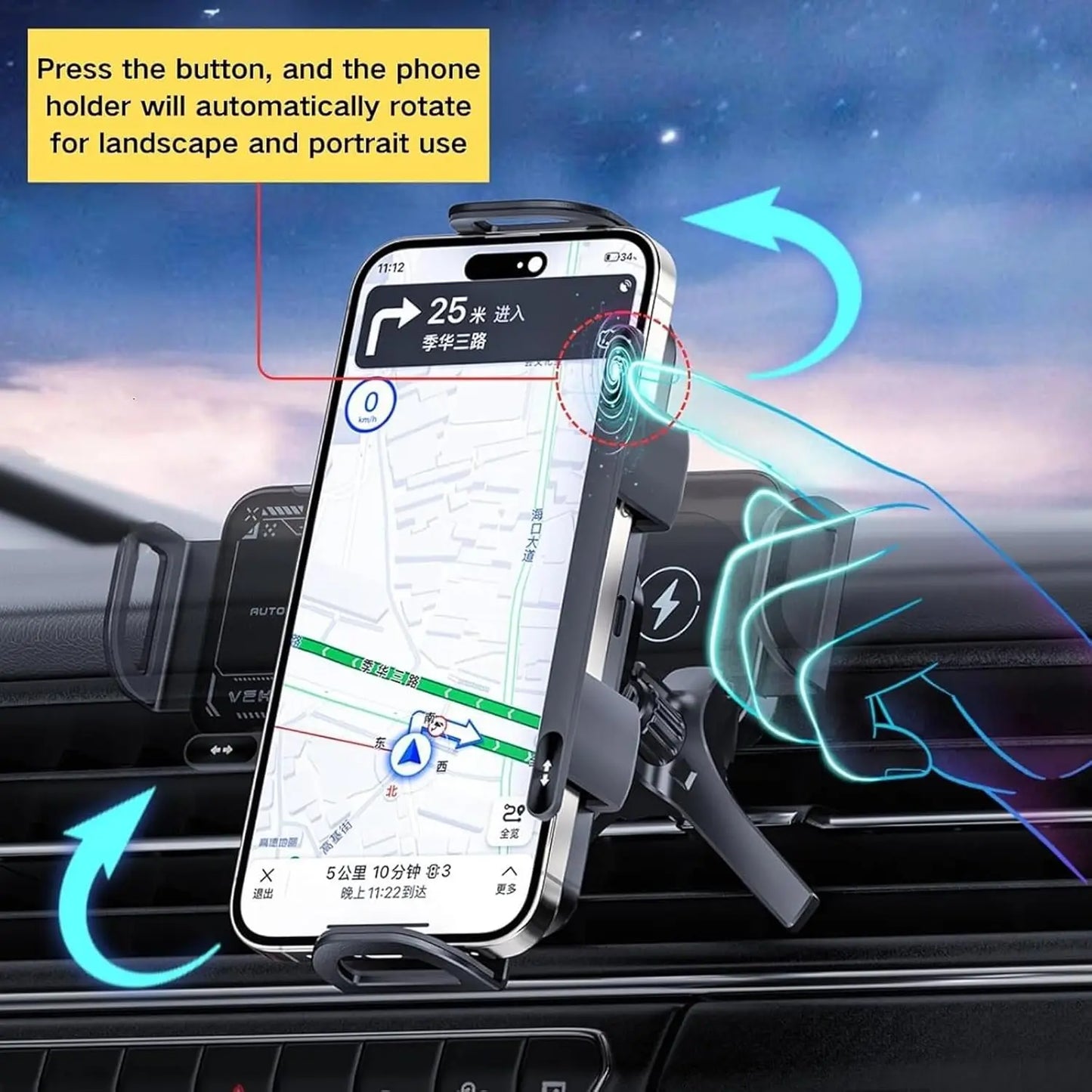 2-in-1 Auto-Grip Wireless Car Charger Mount | 15W Dual Coil, 360° Swivel