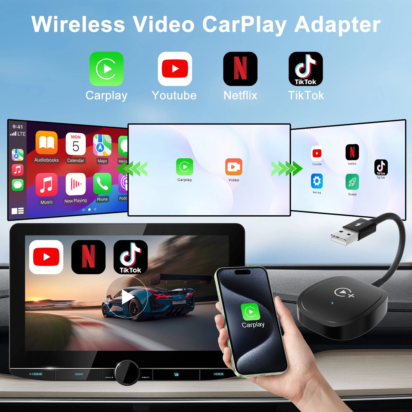 Wireless CarPlay Adapter | Netflix YouTube TikTok Streaming for Car Screen