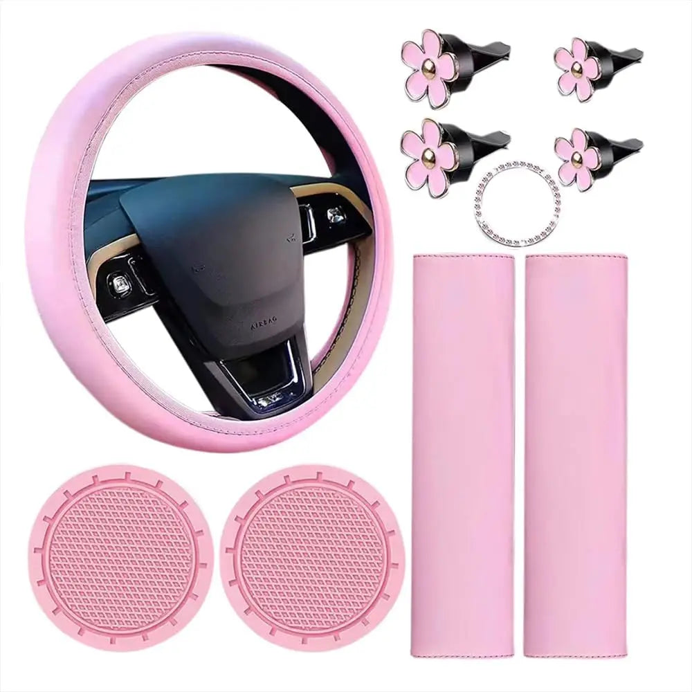 Pink Steering Wheel Cover Set for Women – 10 Pcs Cute Car Accessories with Seat Belt Pads & Cup Holders (38cm)