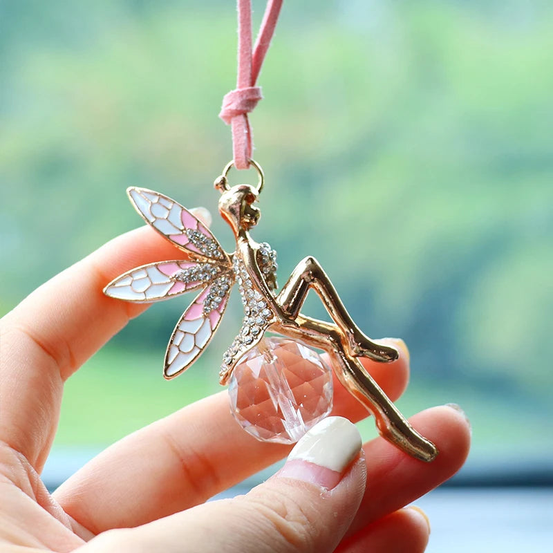 Pink Crystal Ball Car Rearview Mirror Pendant – Fairy Hanging Ornament Car Interior Decoration