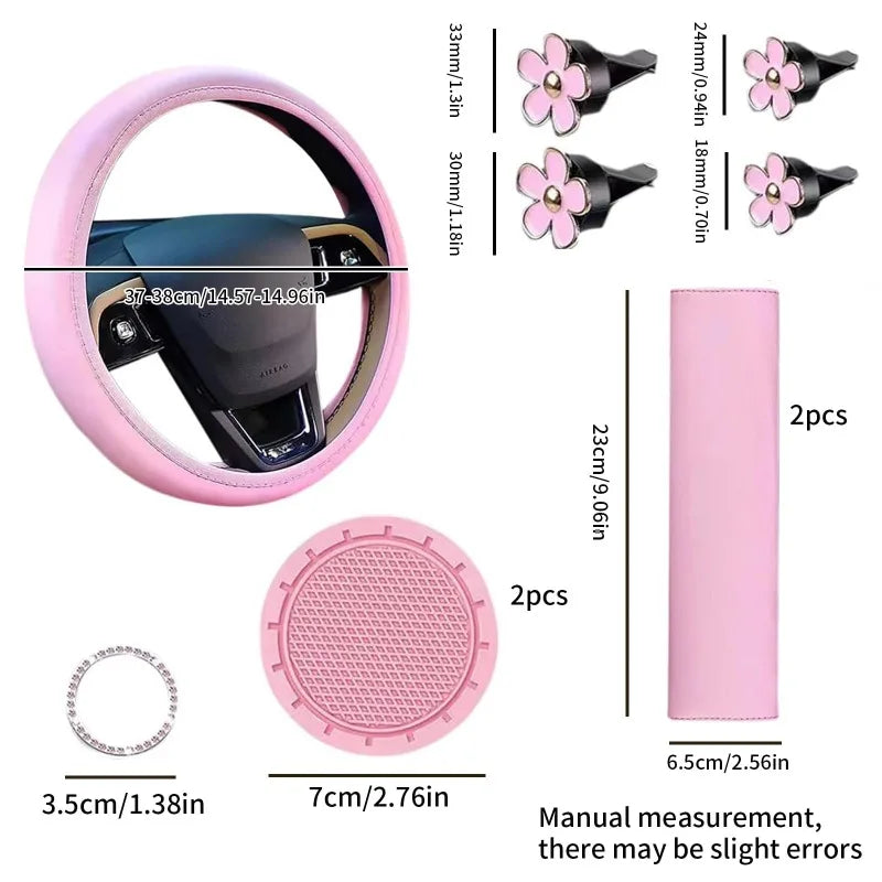 Pink Steering Wheel Cover Set for Women – 10 Pcs Cute Car Accessories with Seat Belt Pads & Cup Holders (38cm)