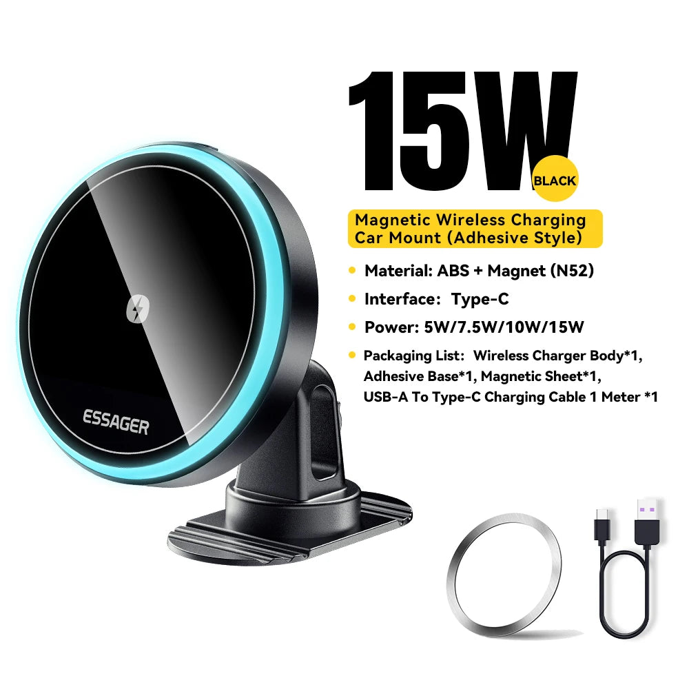 Magnetic Wireless Car Charger Mount | 15W Fast Charge, RGB Light, iPhone & Android