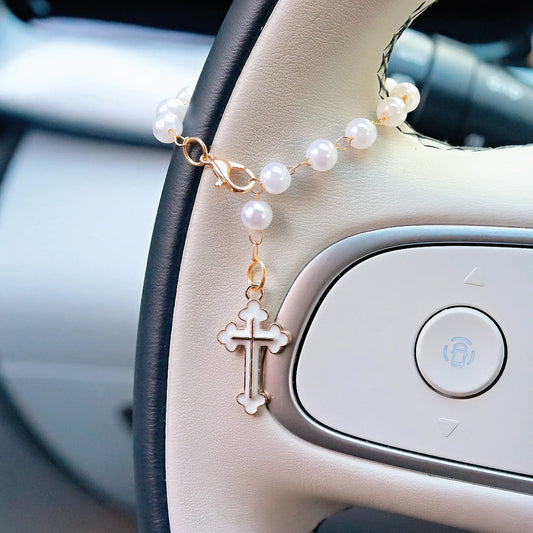 Pearl Cross Car Charm Pendant – Rearview Mirror & Steering Wheel Hanging Decoration for Women