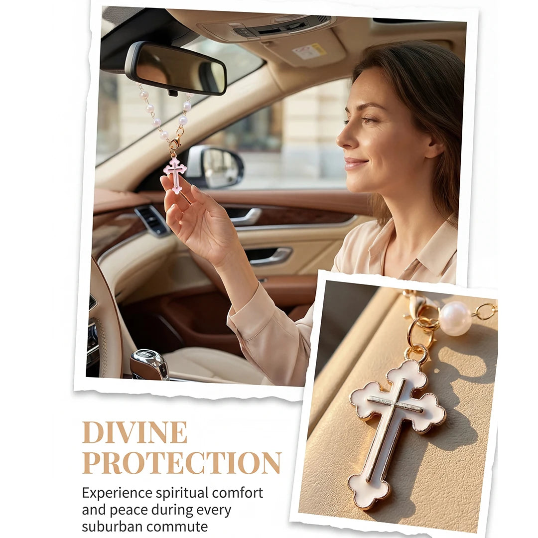 Pearl Cross Car Charm Pendant – Rearview Mirror & Steering Wheel Hanging Decoration for Women
