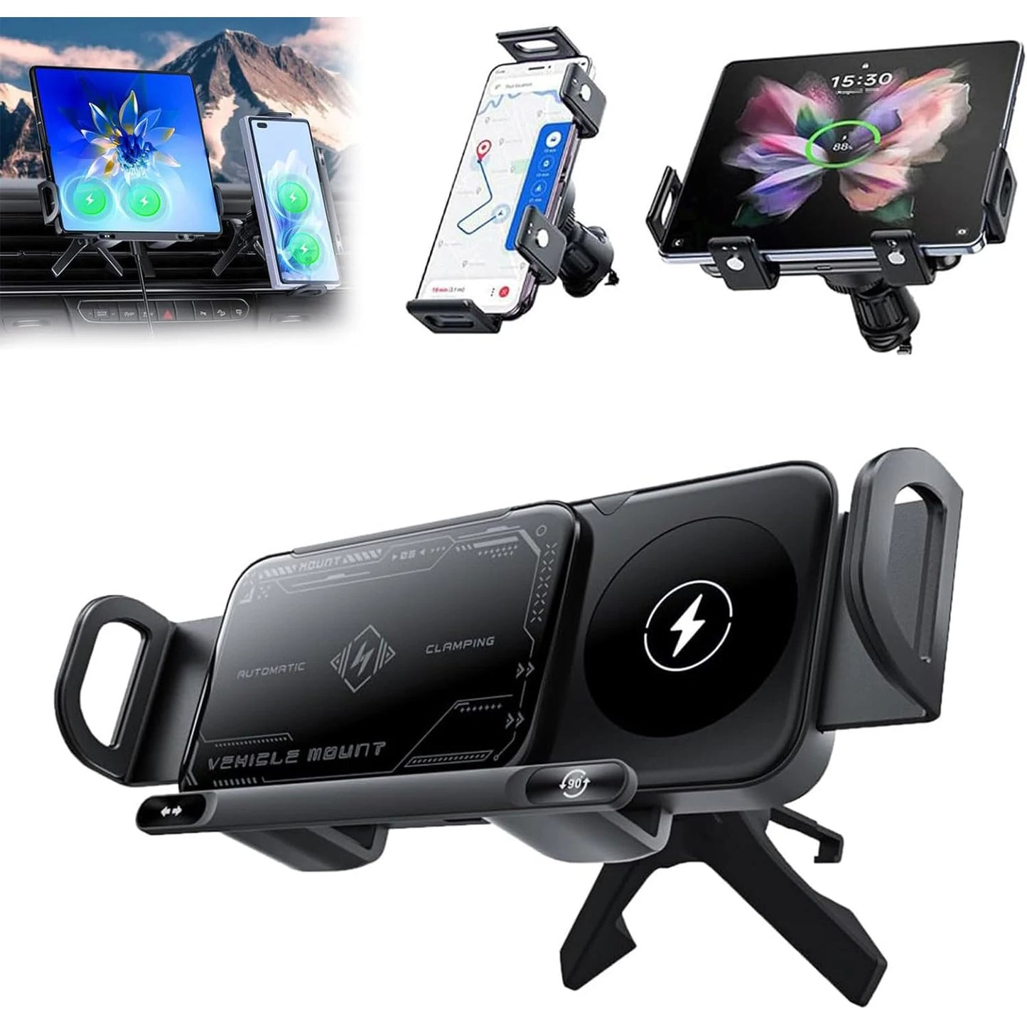 2-in-1 Auto-Grip Wireless Car Charger Mount | 15W Dual Coil, 360° Swivel