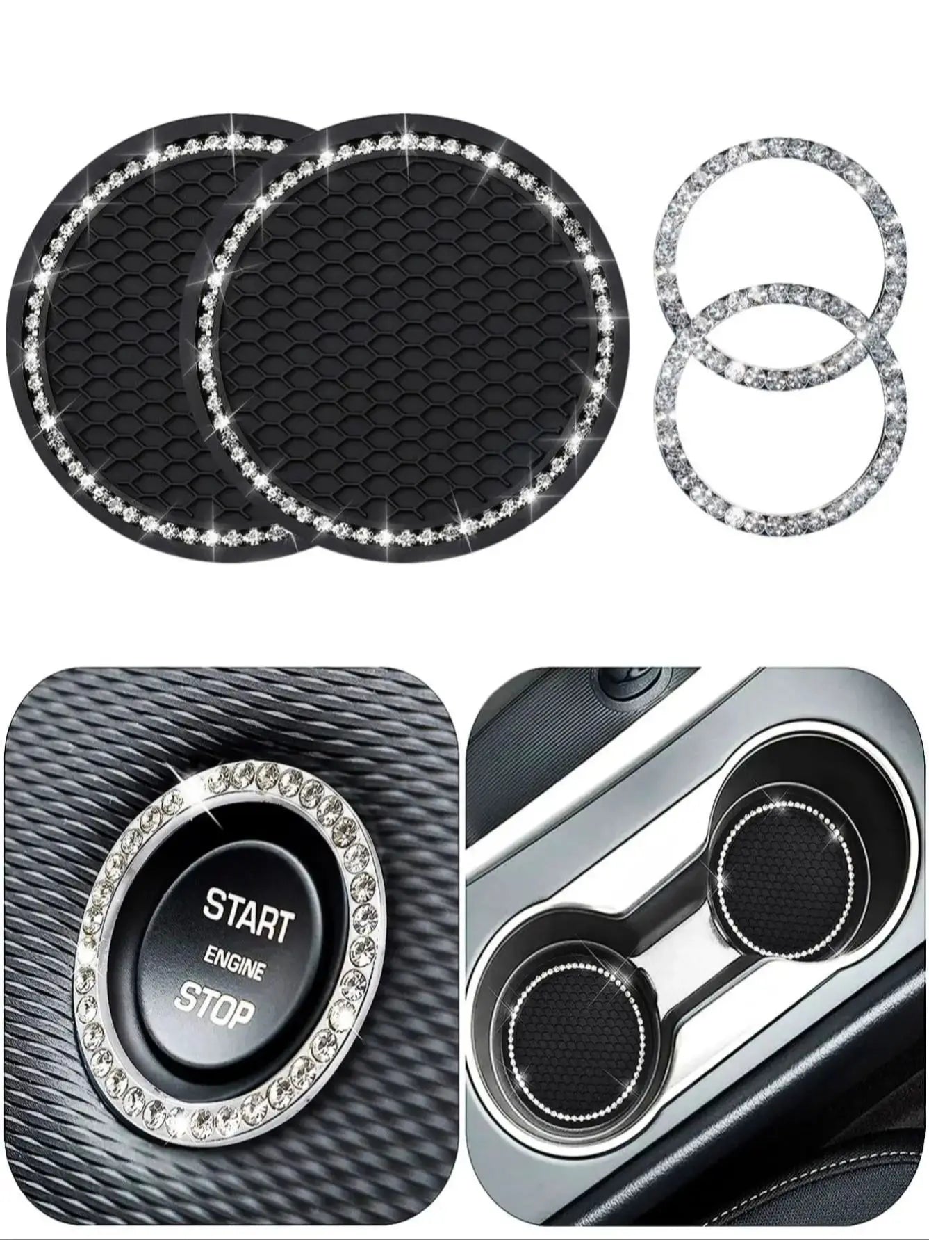 Pink Car Interior Set – Cup Holder Mats & Ignition Ring Covers | Cute Car Accessories for Women (4 Pcs)