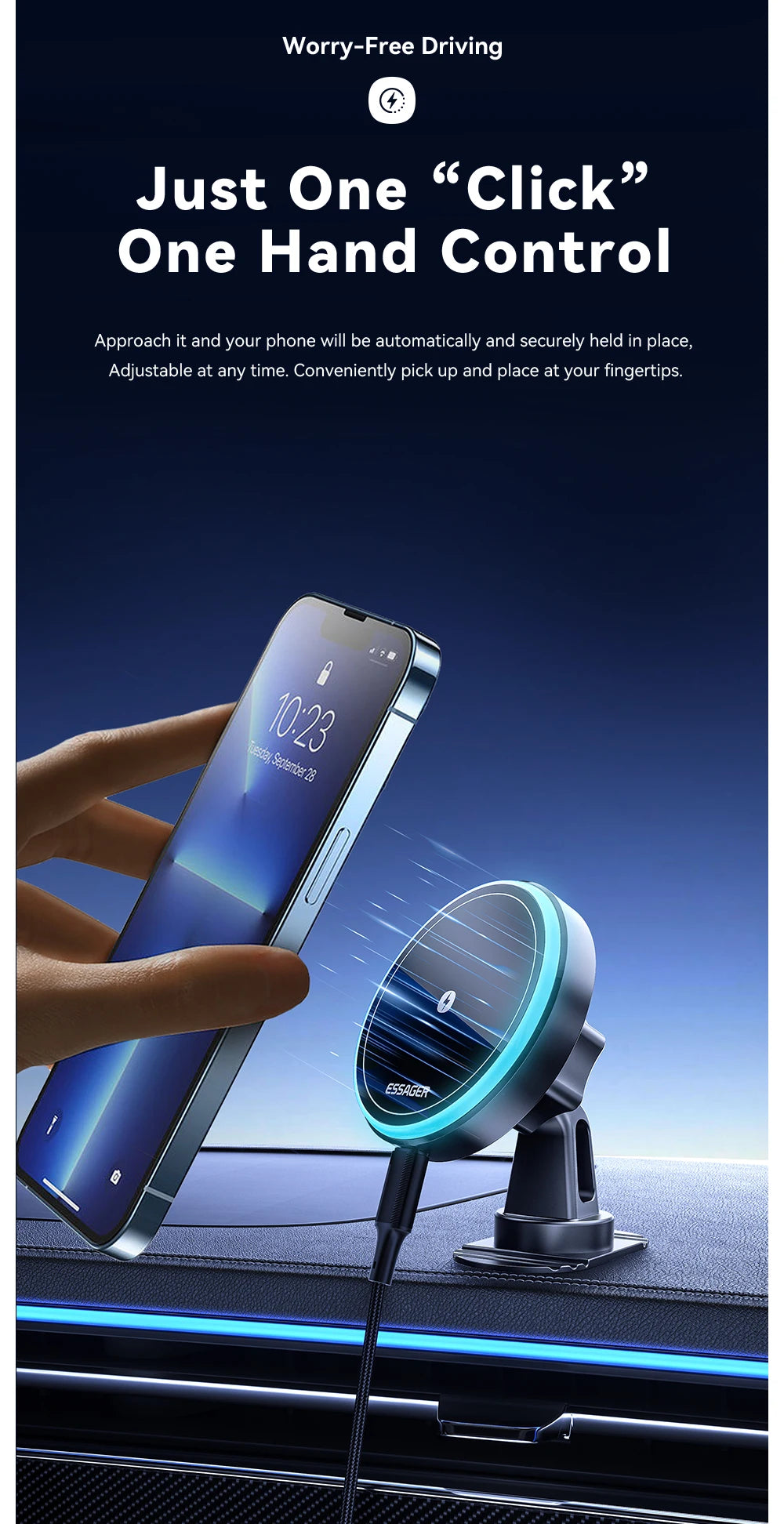 Magnetic Wireless Car Charger Mount | 15W Fast Charge, RGB Light, iPhone & Android
