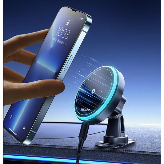Smartphone held by a hand with a car mount and phone holder on a dark blue background