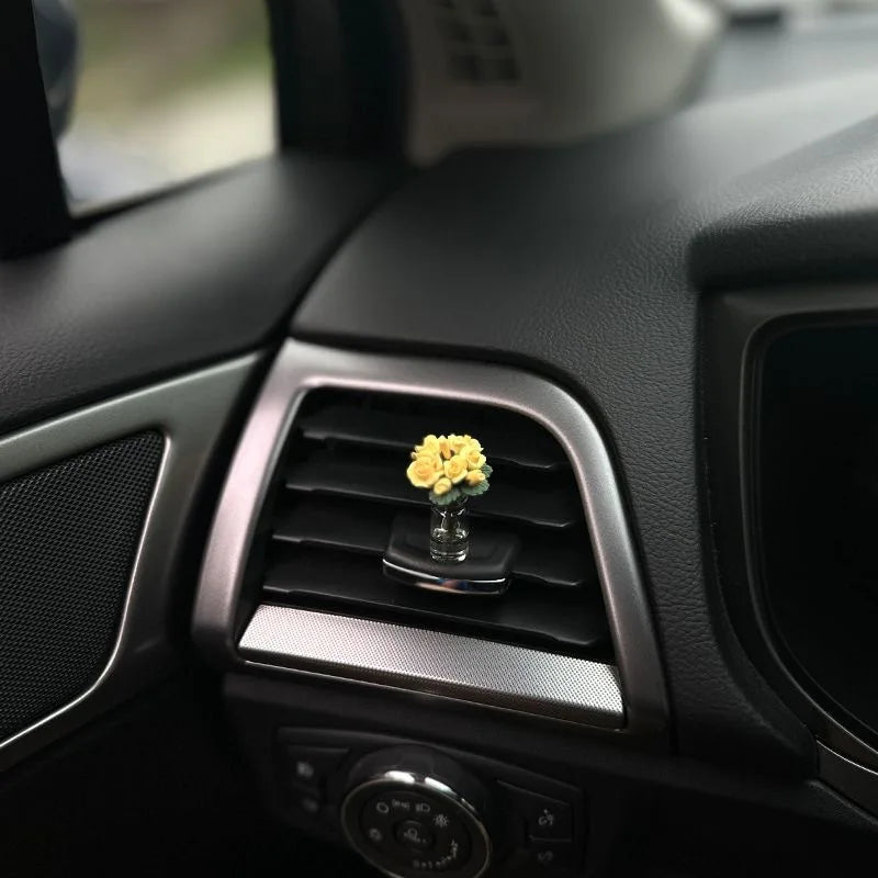 Mini Rose & Sunflower Car Vase Ornament – Cute Center Console Decoration & Car Gift Accessory