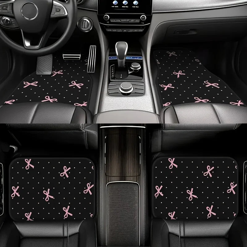 4pcs Pink Bow Car Mat Set - Durable Polyester , Easy to Clean, Front&Rear Seat Protection, Suitable for Trucks, Cars, SUVs, Gift