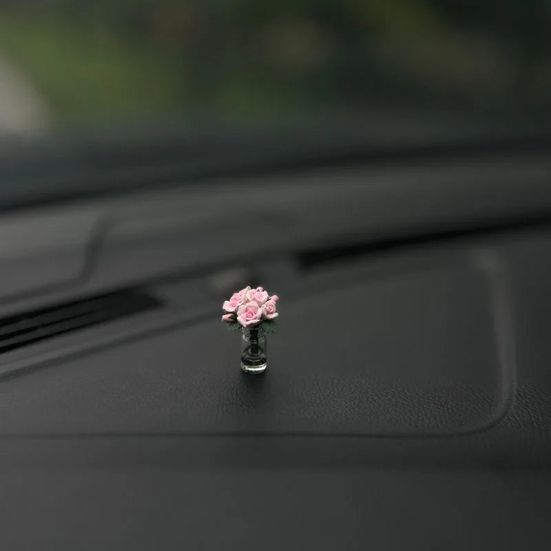 Mini Rose & Sunflower Car Vase Ornament – Cute Center Console Decoration & Car Gift Accessory