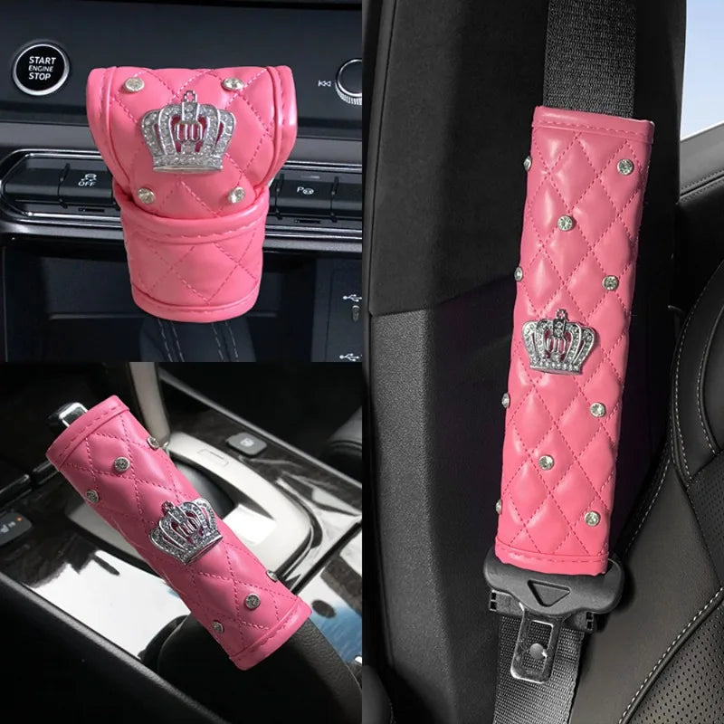 Pink Diamond Seat Belt Cover & Gear Shift Cover Set – Rhinestone Car Interior Accessories for Women