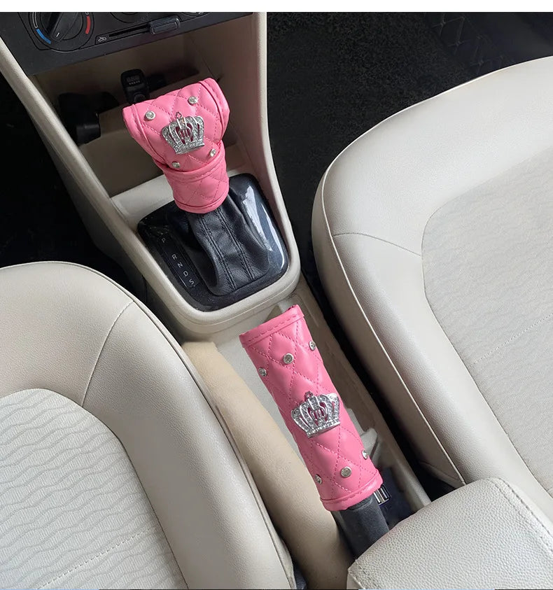 Pink Diamond Seat Belt Cover & Gear Shift Cover Set – Rhinestone Car Interior Accessories for Women