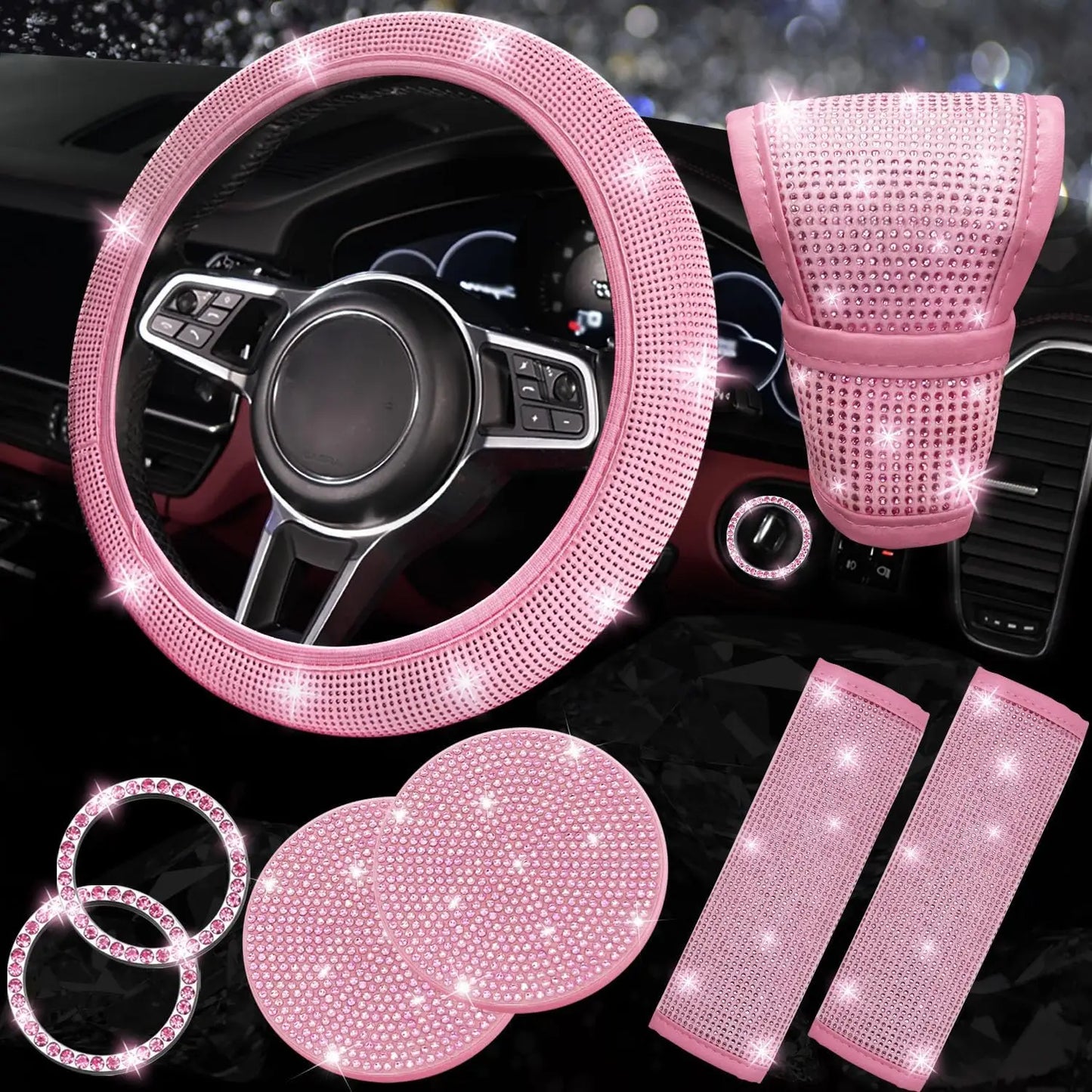 8 Pcs Bling Rhinestone Car Accessories Set for Women – Diamond Steering Wheel Cover & Sparkly Seat Belt Covers