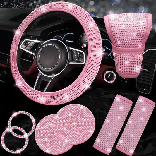 8 Pcs Bling Rhinestone Car Accessories Set for Women – Diamond Steering Wheel Cover & Sparkly Seat Belt Covers