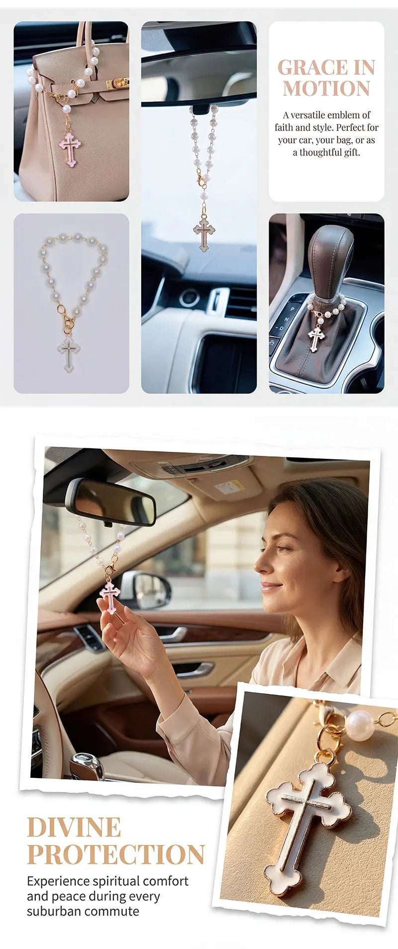 Pearl Cross Car Charm Pendant – Rearview Mirror & Steering Wheel Hanging Decoration for Women