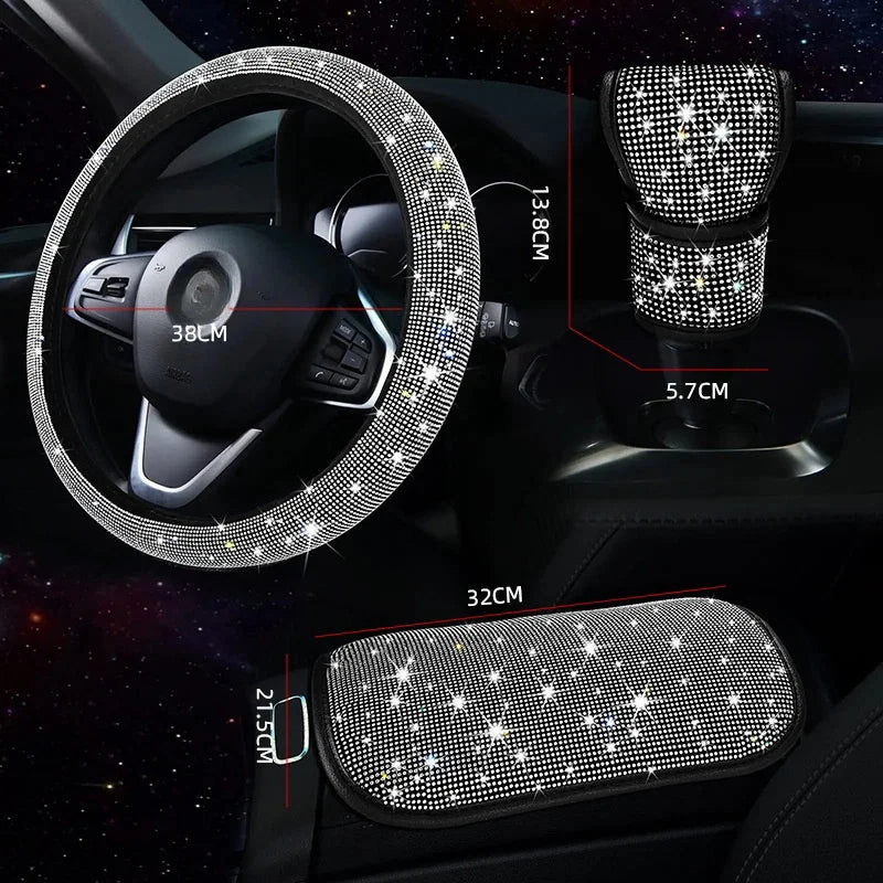 3Pcs Car Accessories Set for Women Steering Wheel Cover Gear Shift Cover Armrest Pad Mat Bling Auto Diamond Decortion Styling