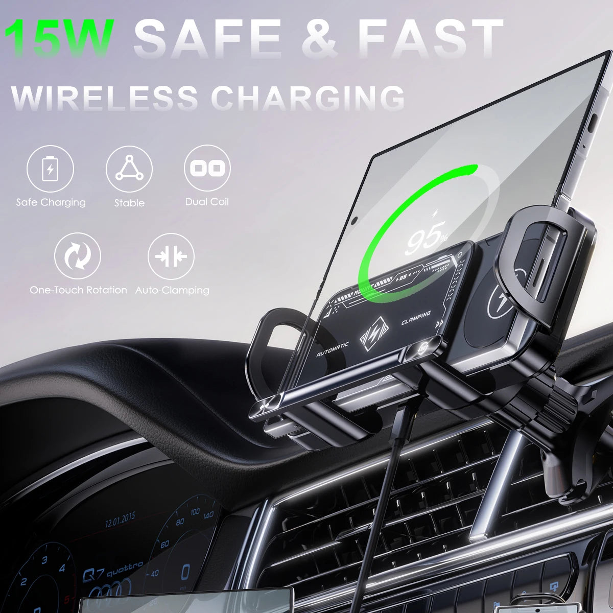 2-in-1 Auto-Grip Wireless Car Charger Mount | 15W Dual Coil, 360° Swivel