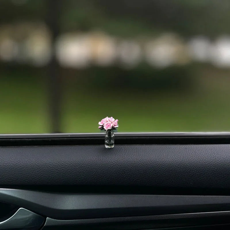 Mini Rose & Sunflower Car Vase Ornament – Cute Center Console Decoration & Car Gift Accessory