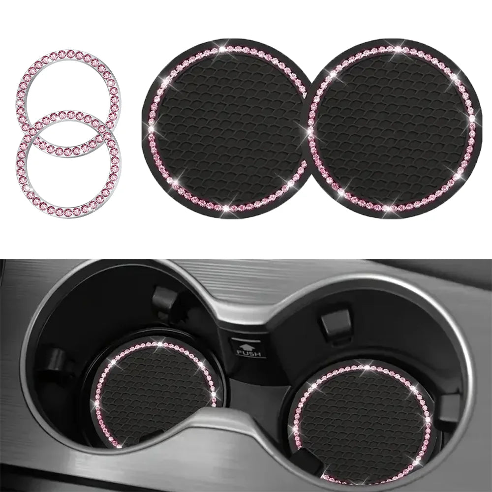 Pink Car Interior Set – Cup Holder Mats & Ignition Ring Covers | Cute Car Accessories for Women (4 Pcs)